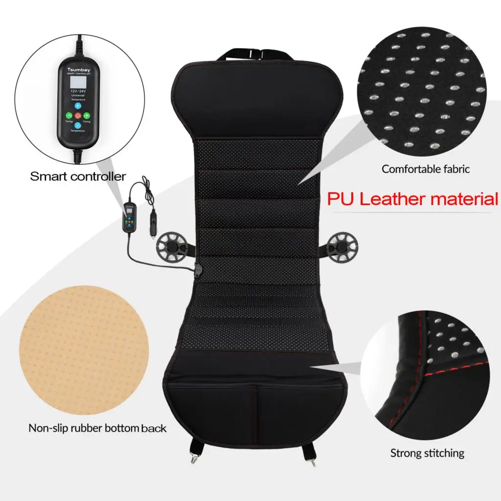 PU Leather Heated Car Seat Cover Cushion W/ Integrated Remote 12V 24V Universal Heater Warmer Cold Winter Pad Black Protector