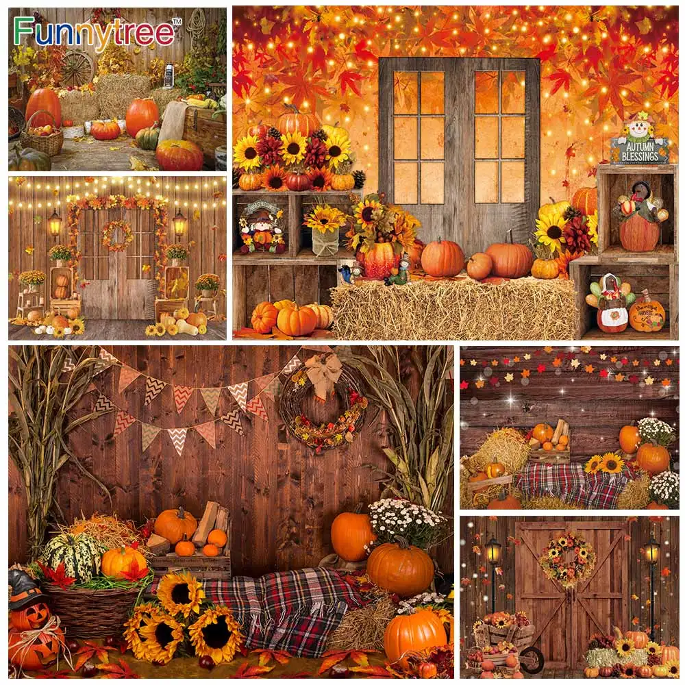 

Funnytree Autumn Wood Backdrop Fall Barn Haystack Pumpkin Farm Birthday Party Portrait Baby Shower Photography Props Background