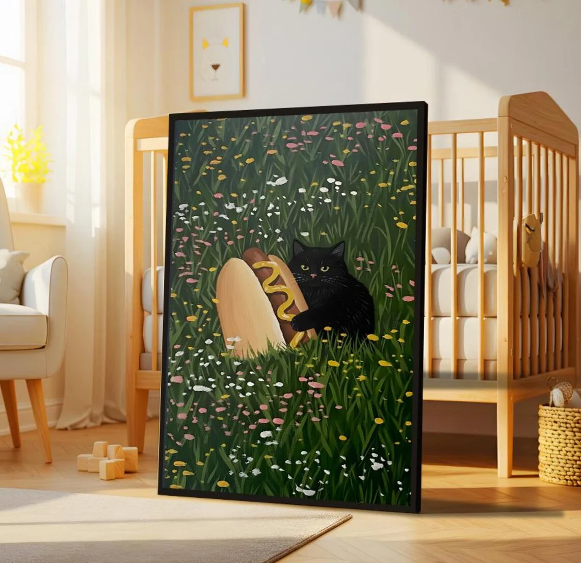 Whimsical Cat And Hot Dog Poster Perfect For Cat Lovers Charming Black Cat Illustration A Fun Addition To Your Home Decor