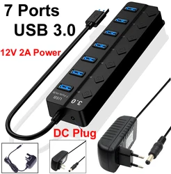 4/7 Ports USB 3.0 Hub Splitter with Switch Power indicator Provied DC 12V 2A Power and 5Gbps Data Transmit for Laptop PC Mouse