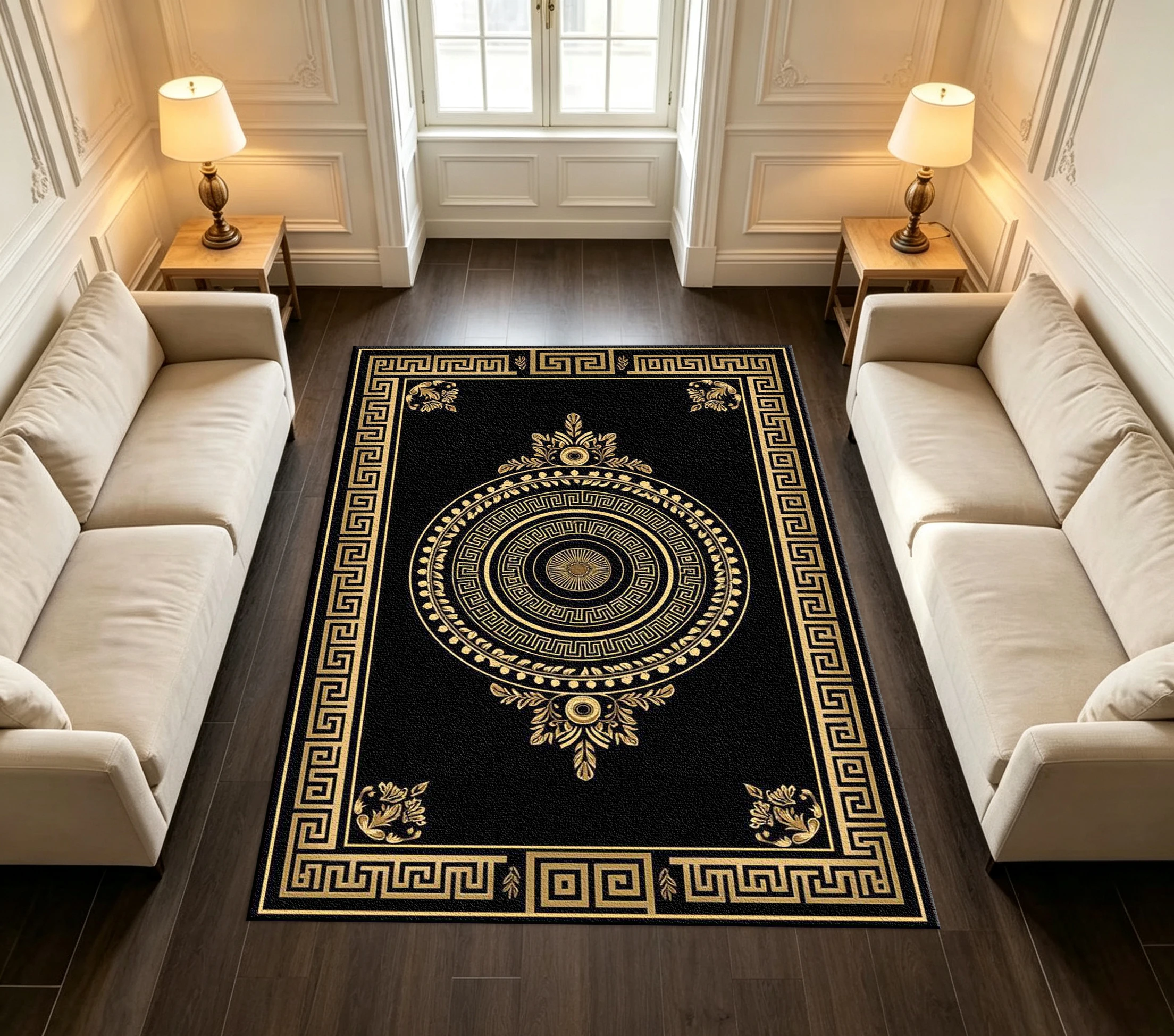 Black Gold Greek Key Pattern Decorative Carpet Floor Luxury European Style Carpet Home Decoration Floor Mat