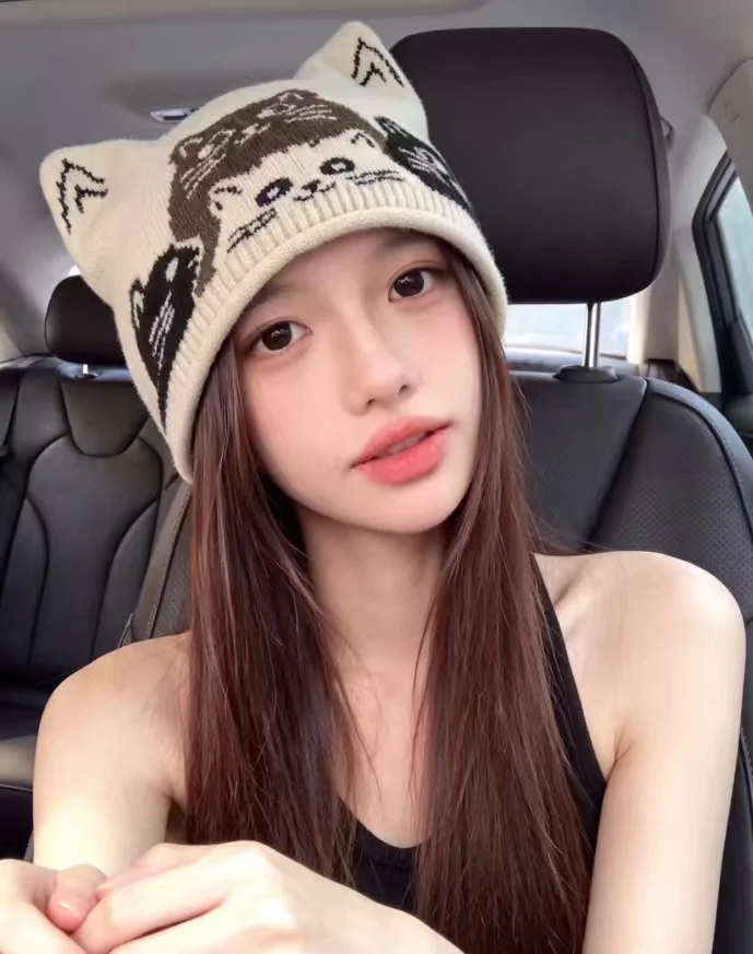Cat Ear Bacquard knitted Cap For Women Warm Autumn and winter woolen trendy Skullies Sharp Corner Beanies