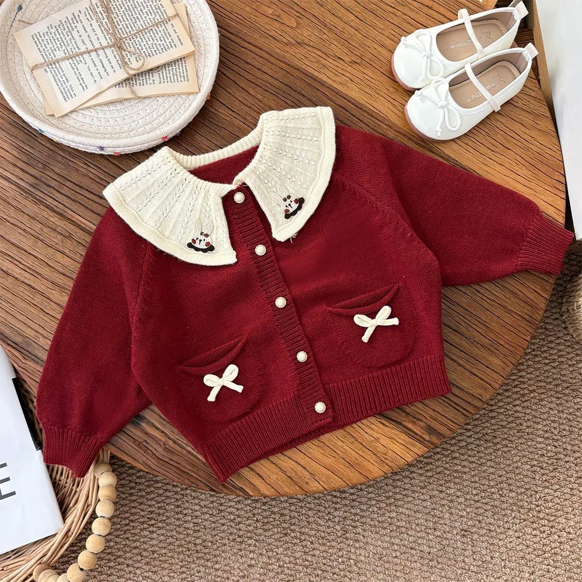 2026 Girls Baby Knit Sweaters Cute Bow Pockets Cardigans Jackets Autumn Winter Clothing Kids Children Birthday Princess Clothes