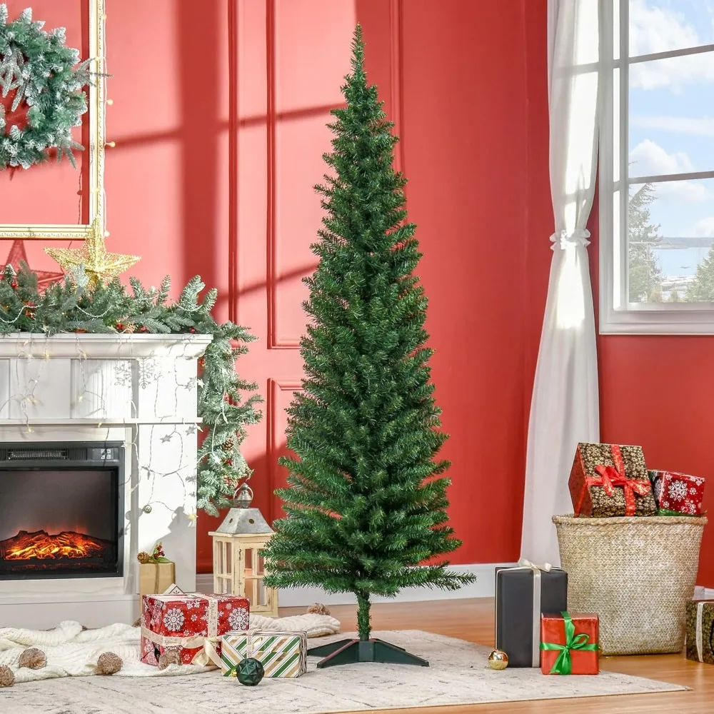 6' Artificial Pencil Christmas Tree, Slim Xmas Tree with 390 Realistic Branch Tips and Plastic Stand, Green