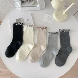 Ruffle Socks Women Japanese Fashion Solid Color Black White Gray Long Socks Sweet Girls Lolita Kawaii Cute Middle Tube Socks Sox