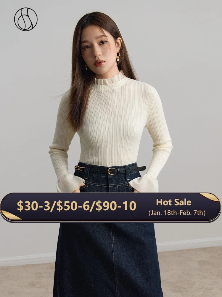 DUSHU Sweet Elegant Sense Ballet Style Knitted Bottoming Shirt for Women 2023 Winter Chic Arrival Fungus Edge Wool Knitted Top