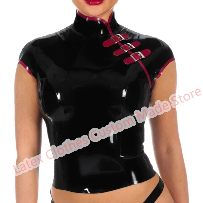 

Sexy Lingerie for Women Handmade Latex Top Rubber Suit Cosplay Costumes Black with Red