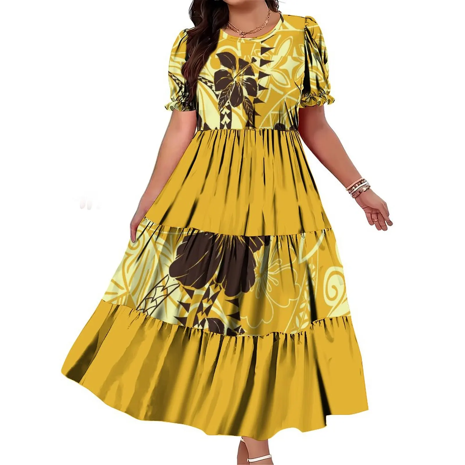 1개 최소 주문량 도매 맞춤 디자인 플리츠 드레스 폴리네시아 여성 드레스 멀티 티어드 퍼프 반팔 파티 드레스 뉴질랜드 드레스