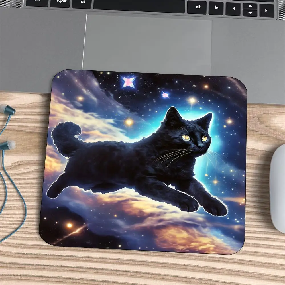 Square Gaming Mouse Pad Non‑Slip Rubber Mat Colorful Galaxy Black Cat Moon Star Mystical Cosmic Art For Laptop PC Gaming