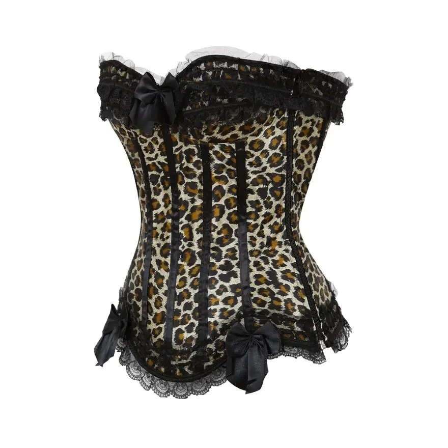 Corsetto Overbust in raso Sexy da donna Top in pizzo leopardato Bowknot decorato bustier Clubwear Showgirl Body Shaper Lingerie Plus Size