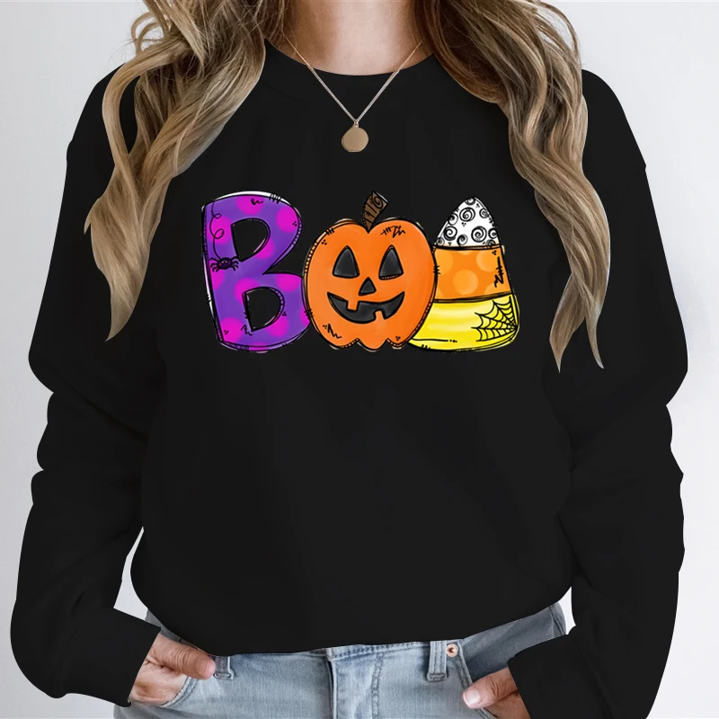 

Boo Doodle Letters Print Women Sweatshirt Halloween Party Gifts Sweatshirts Pumpkin Rice Balls Graphic Happy Halloween Hoodies