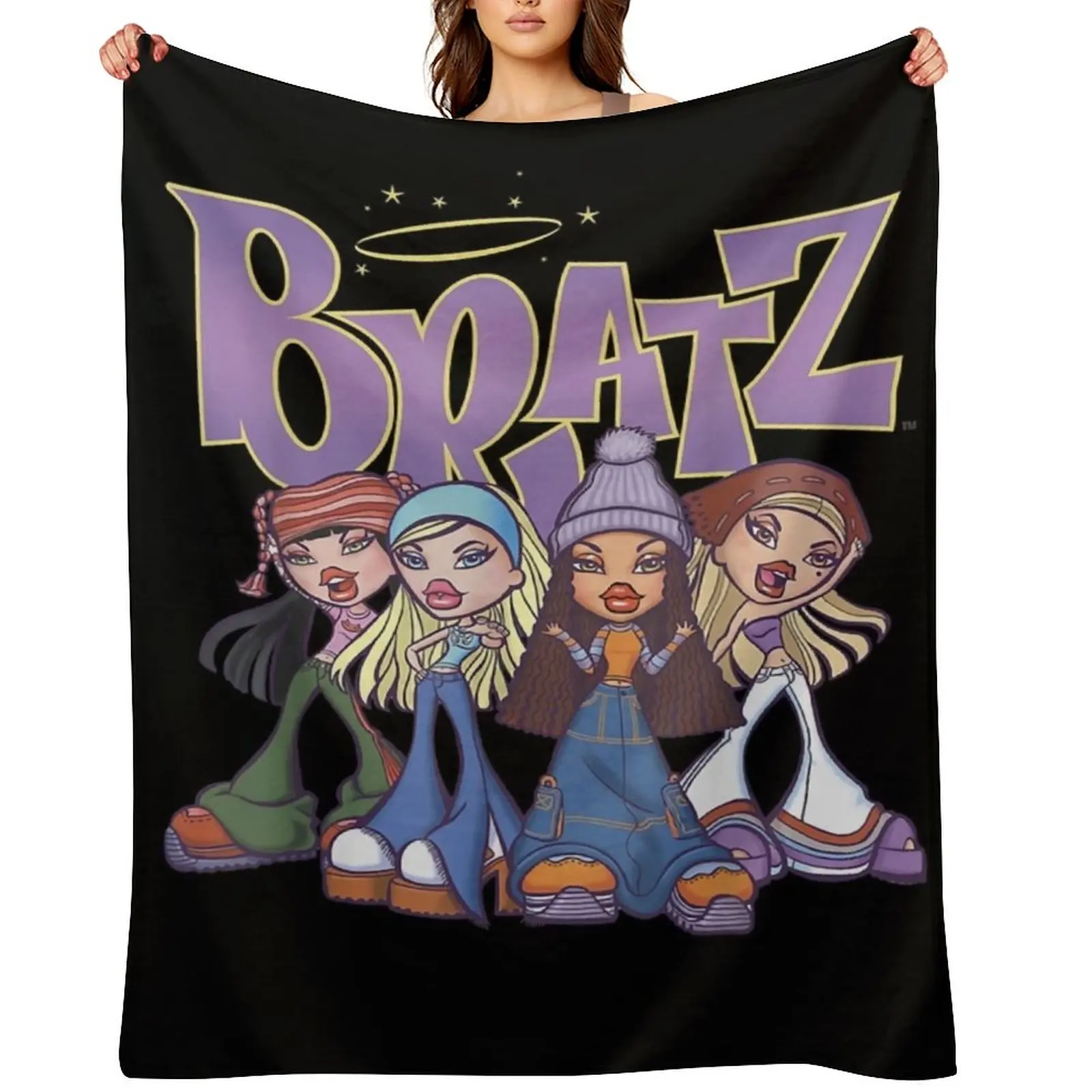 

Bratz Original Four Group Shot Logo Throw Blanket Plaid on the sofa Polar Designers Hairys Blankets