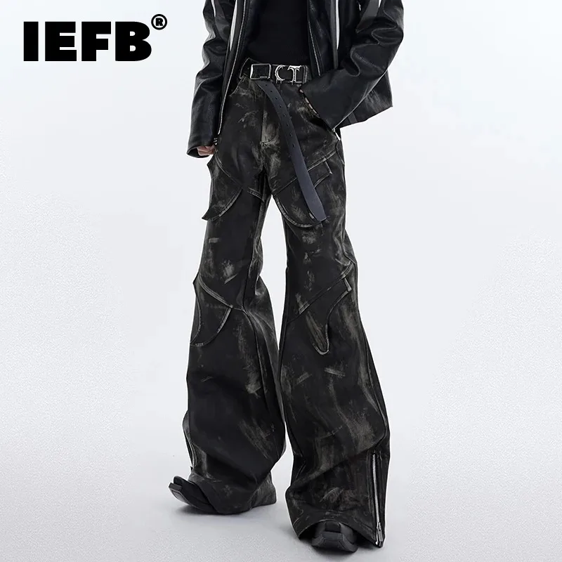 

IEFB Worn Out Men's Flared Pants PU Leather Deconstruction Vintage Niche Deisgn Wide Leg Trousers High Street Autumn New 9C3522