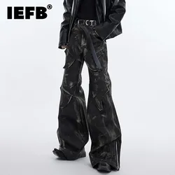 IEFB Worn Out Men's Flared Pants PU Leather Deconstruction Vintage Niche Deisgn Wide Leg Trousers High Street Autumn New 9C3522