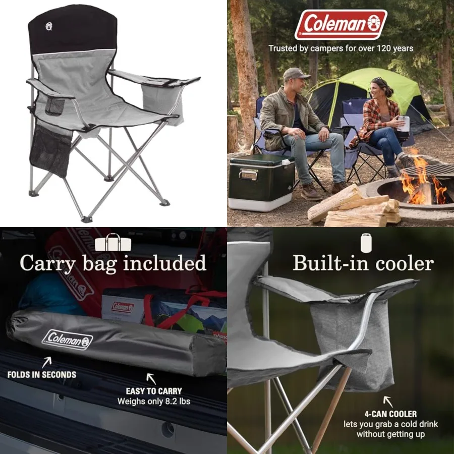 

Portable Camping Chair with 4-Can Cooler, Cushioned Seat Back with Side Pockets Cup Holder, Carry Bag Included, Great for Campi
