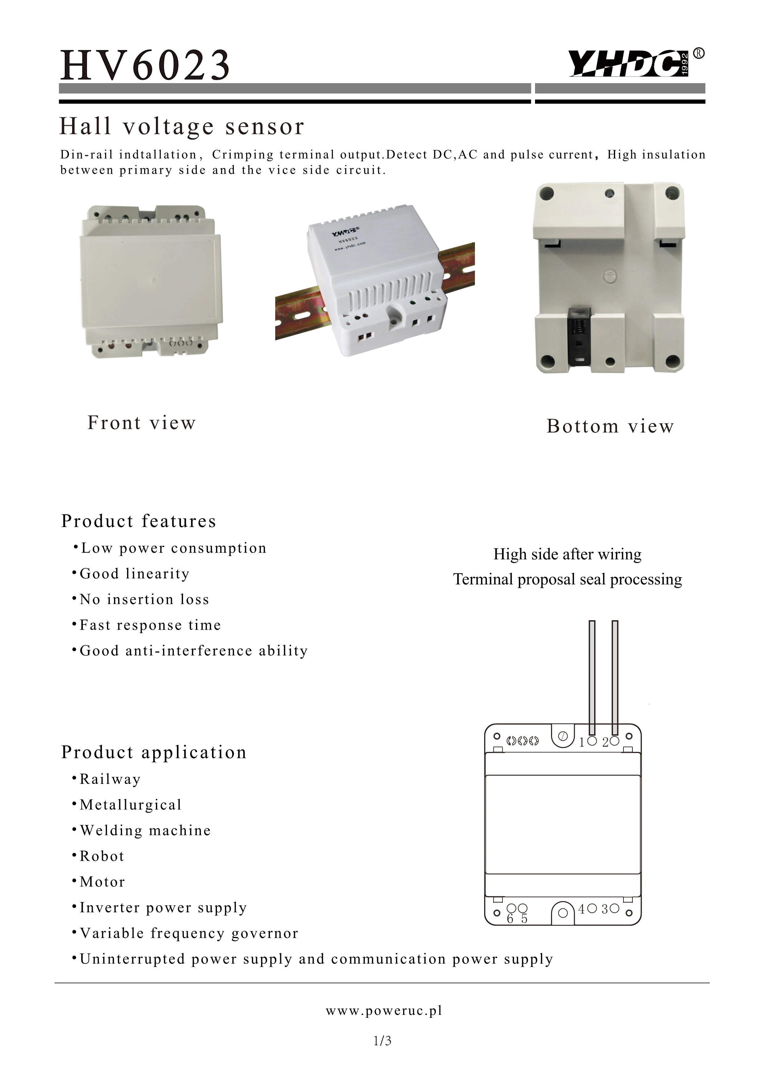 Hall Voltage Sensor HV6023 Input 50V 100V 200V 300V 400V 500V Output 5V Accuracy 1%