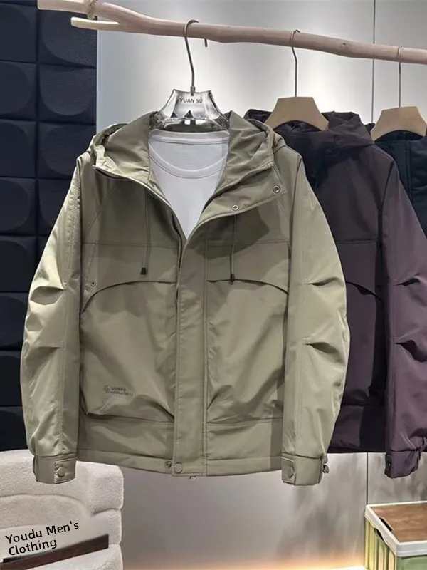 

Autumn Winter New Faionable Men's Casual Hooded Jaet Thiened Cotton Loose Workwear Sle Two Cotton down Jaet