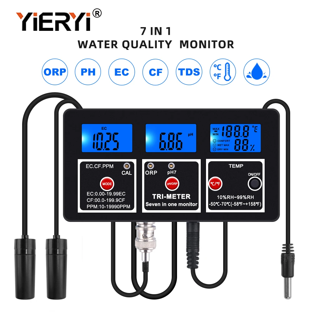 New 7 in 1 Water Quality Tester PH meter Multi-parameter aquarium PH/Temperature/EC/CF/RH/TDS