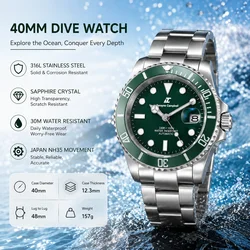 40mm Sub Watch Diving Watch Japan NH35 Movement Watch Sapphire Glass 316L Stainless Steel  BGW9 Luminous Transparent Watch