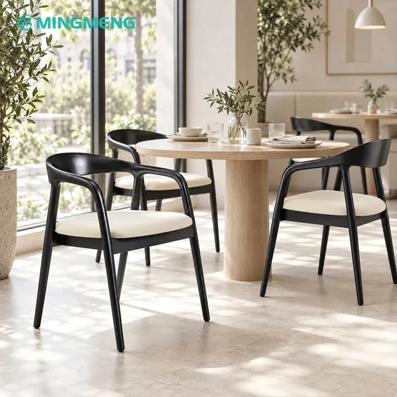 Modern Restaurant Dining Set Round Solid Wood Table Black Armchair With Fabric Cushion for Cafe Bistro
