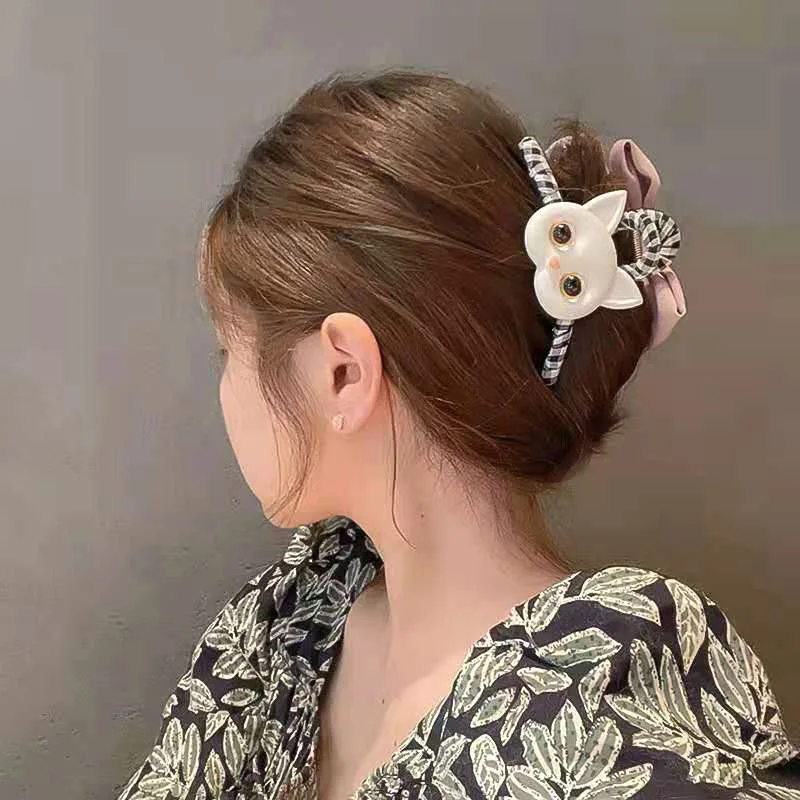 New Cartoon Cat Hair Claw for Women Vintage Check Bow Claw Clips Cute Temperament Hairpin Trendy Casual Aesthetic Hair Accessory