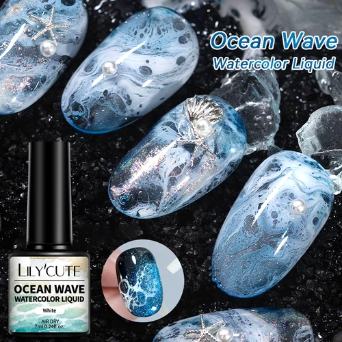 Imagen 1 del producto Esmalte de Uñas Líquido en Gel LILYCUTE de 7 ml, Efecto Acuarela Ola Oceánica, Color Blanco Acuarela, Secado en 3 Segundos, Efecto Degradado Hueco, Arte de Uñas