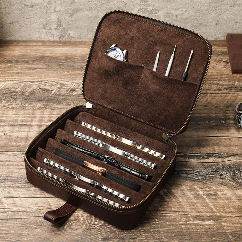 cowhide-genuine-leather-watch-strap-storage-case-multi-slot-travel-organizer-box-for-watch-bands-watches-repair-tools