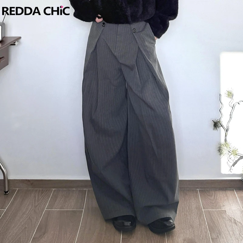 

REDDACHIC Men Gray Striped Suit Trousers Cleanfit Loose Pleated Front Pockets Low Waist Wide Leg Pants Casual Office Clothing