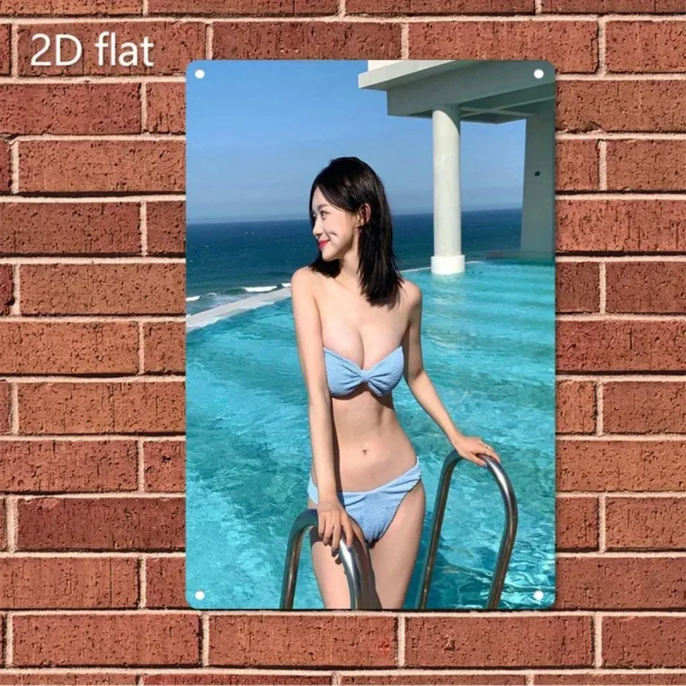 HD Metal Tin Sign Stunning Asian Beauty in Light Blue Bikini at Rooftop Infinity Pool Wall Art Retro Metal Plaque for Home Decor