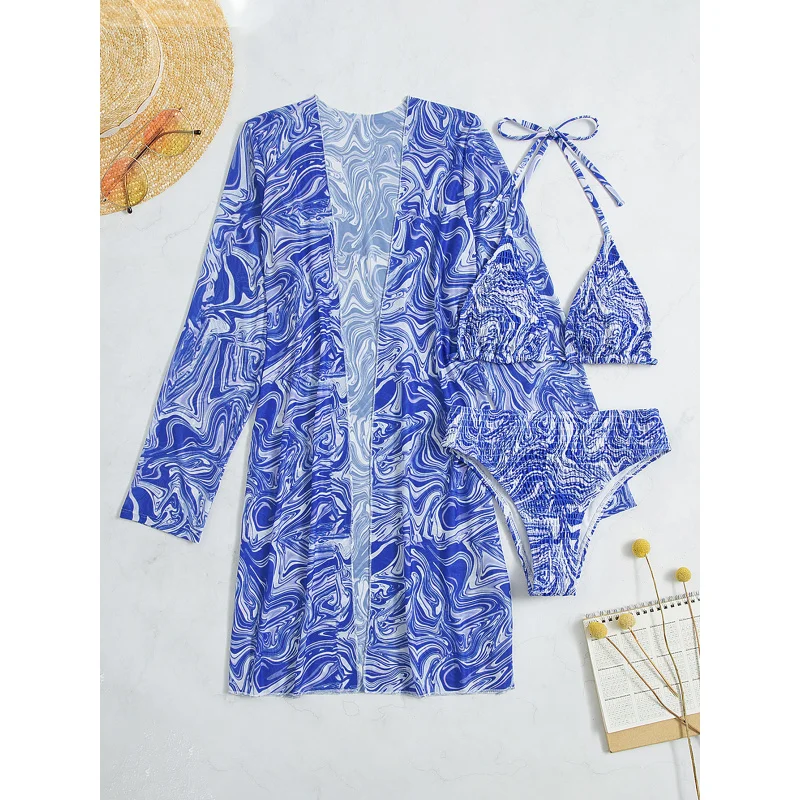 Swimsuit Blue and White Porcelain Three-Piece Set Long Coat Body Shaping Bikini Women's Hot Sale