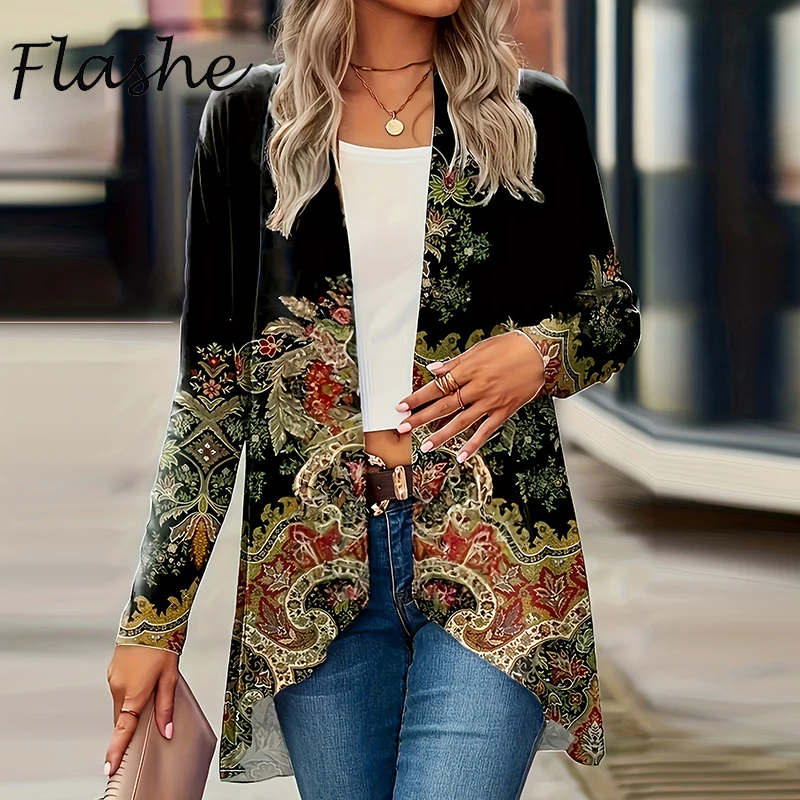 Autumn Cardigan for Women\'s Coats Fashion Women Jacket Turn Down Collar Vintage Print Jackets For Women Casual Loose Thin Tops