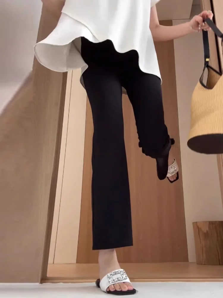 Calças Casuais Finas de Cintura Alta em Seda Gelada para Mulheres, Verão, Ajuste Solto, Tamanho Plus, Calças Slimming de Nove Pontos