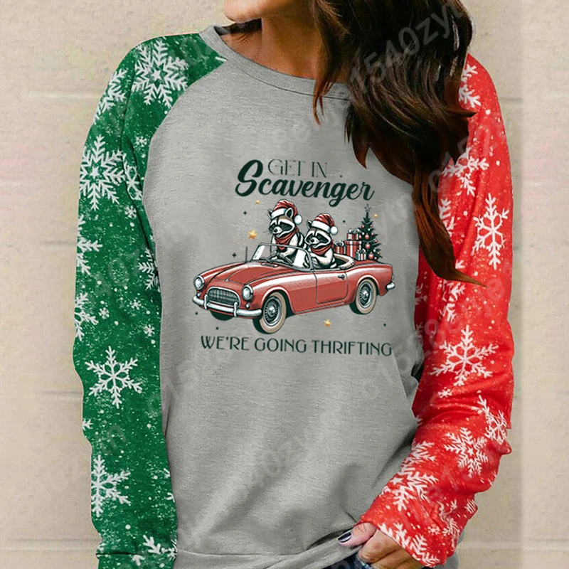 Ladies Fashion Long Sleeve Shirts Crew Neck Tops Racoon Get In Scavenger We're Going Thrifting Print Pullovers Women Sweatshirts