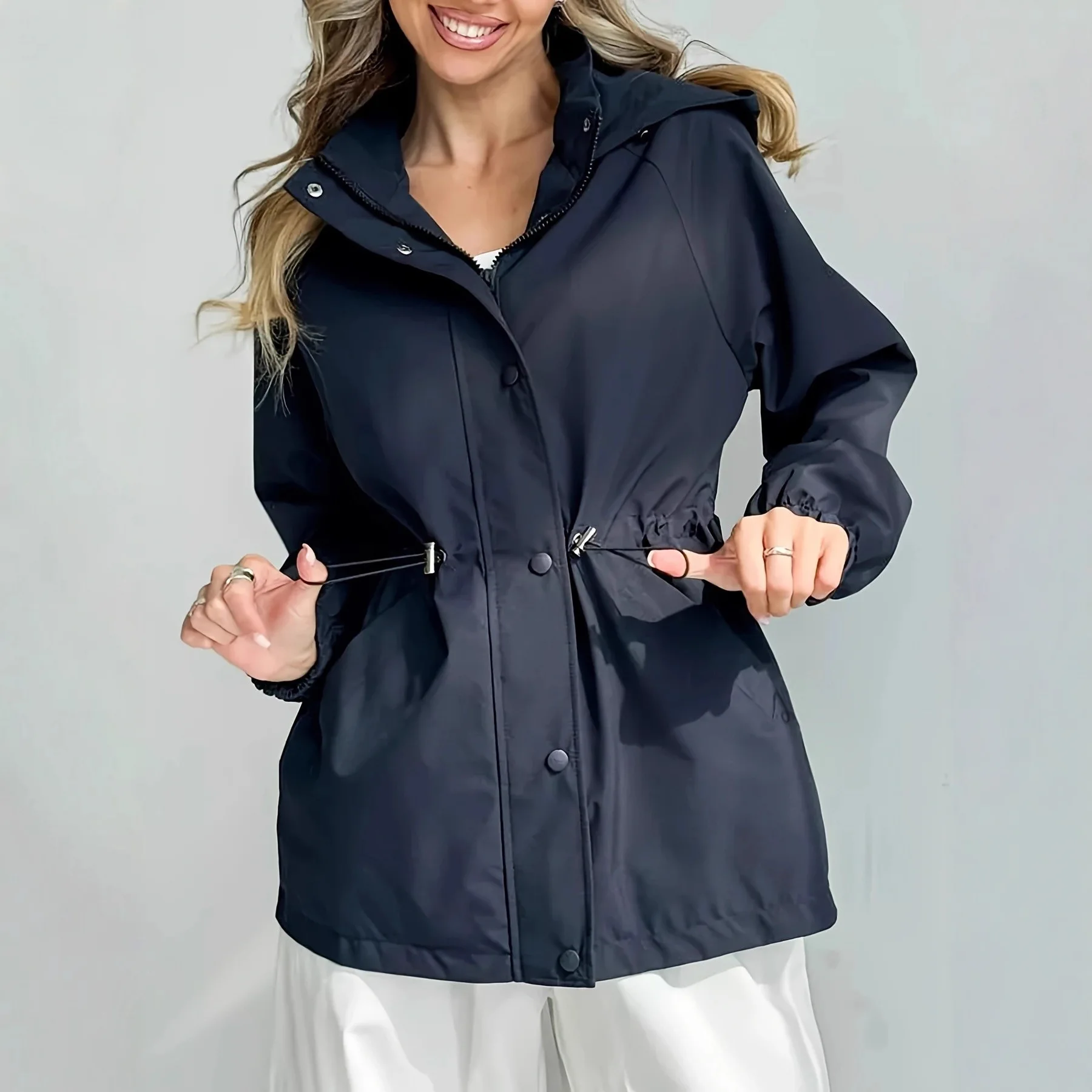 Zip Up Hoodie Jacket  Style Women Windbreaker Jacket Snap Buttons Waist Drawstring Windproof Functional Women's Jacket
