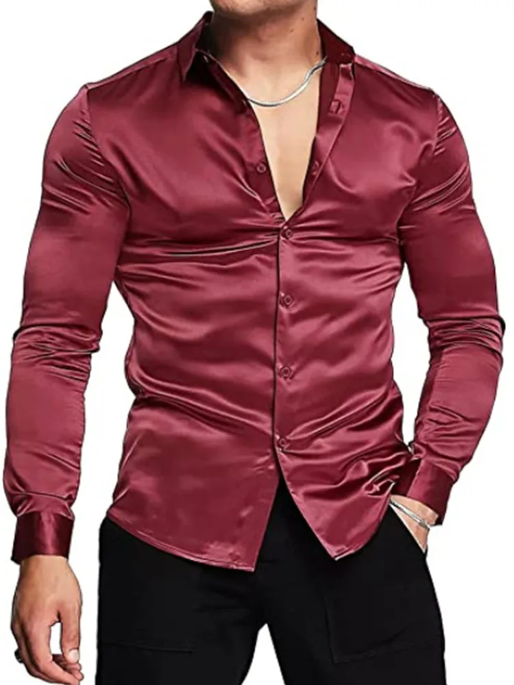 New Men\'s Shirt Casual Loose Solid Color Lapel Cardigan Comfortable Silky Long Sleeve High Quality Tops