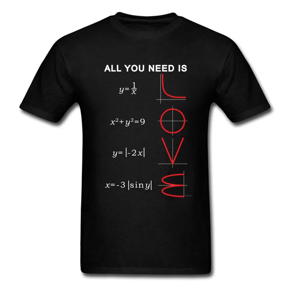 Camisetas com padrão de álgebra geométrica com a equação A e o slogan "O que você precisa é amor" cobrem a ciências matemáticas.