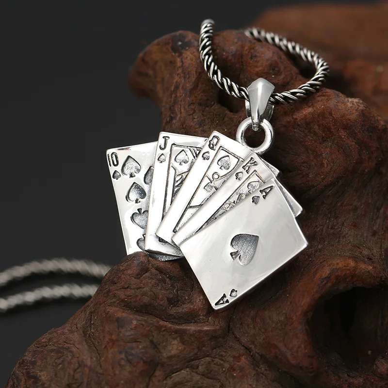 S925 Sterling Silver Poker Pendant Black Color Old Process Unisex Fine Jewelry FYNE411