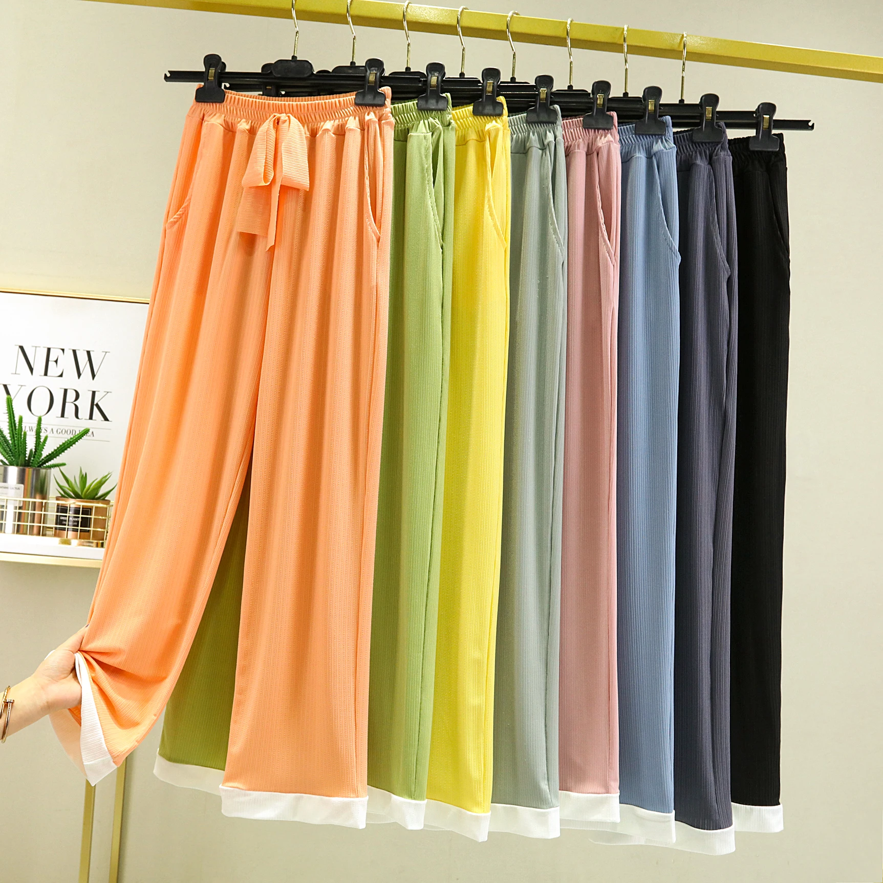 Pantalon drapé Modal à jambes larges pour femme, ample, amincissant, décontracté, taille haute, grande taille, fin, soie glacée, droit, Long, printemps été