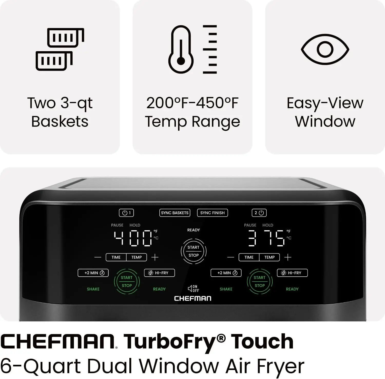 CHEFMAN 6 Quart Dual Basket Air Fryer Oven with Easy View Windows, Sync Finish, Hi-Fry, Auto Shutoff, 2 Independent 3Qt Nonstick