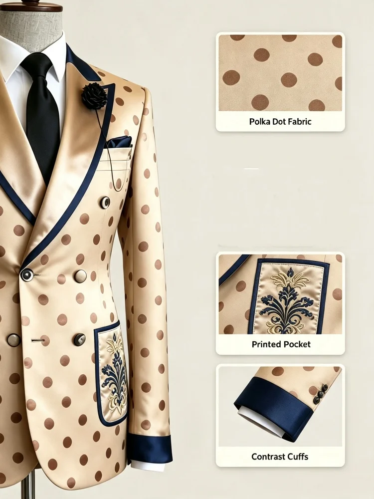 Men's Slim Fit Polka Dot Satin Business Casual Blazer Contrast Peaked Lapel Embroidery Pocket Formal Wedding Party Banquet Stage