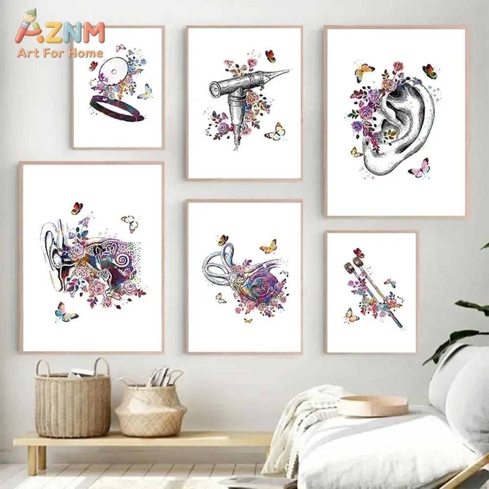 AZNM Watercolor ENT Ear Anatomy Canvas Print Otology Medical Tools Floral Butterfly Clinic Office Decor Wall Poster Unframed Art