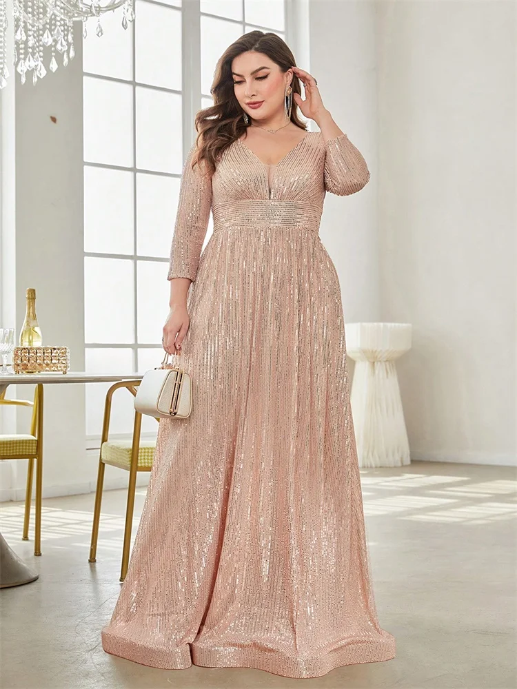 Plus Size Luxury V-Neck Long Sleeves Sequins Evening Dresses Elegant Women Wedding Party Prom Maxi Cocktail Gowns