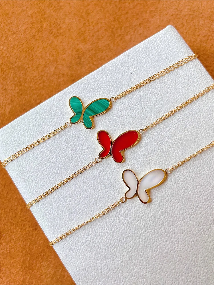 

S925 Sterling Silver Butterfly Bracelet Red Acrylic Green Malachite White Mother Of Pearl Vintage Elegant Jewellery Party Gift