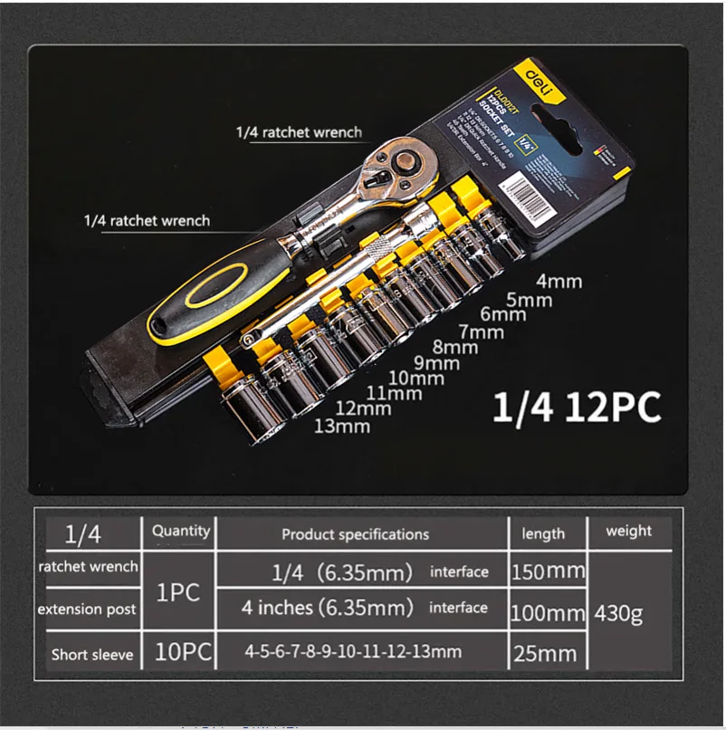 Imagem -06 - Deli-socket Ratchet Handle Wrench Grupo Kit Spanner com Haste de Extensão 10 Tomadas Comuns Reparação Automóvel Ferramentas Manuais 12 Pcs 4