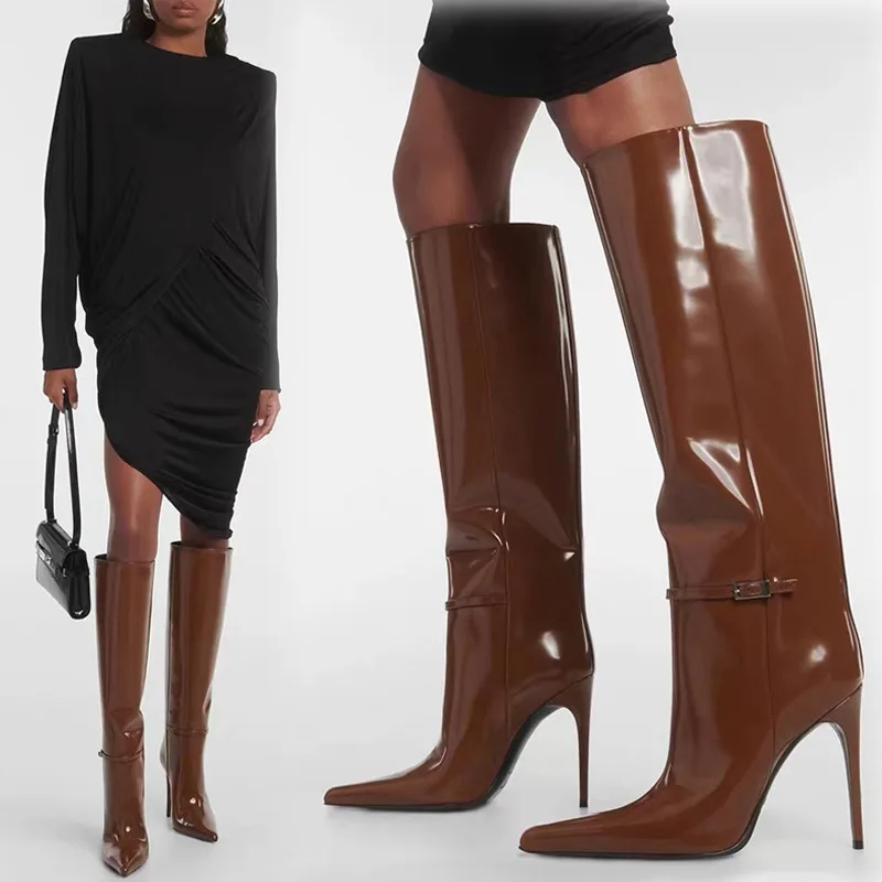 Givencci Patent Leather Straight Boots For Women Knee-High Belt Buckle Botas Largas De Mujer Slim Plus Size Shoes Fashion Show