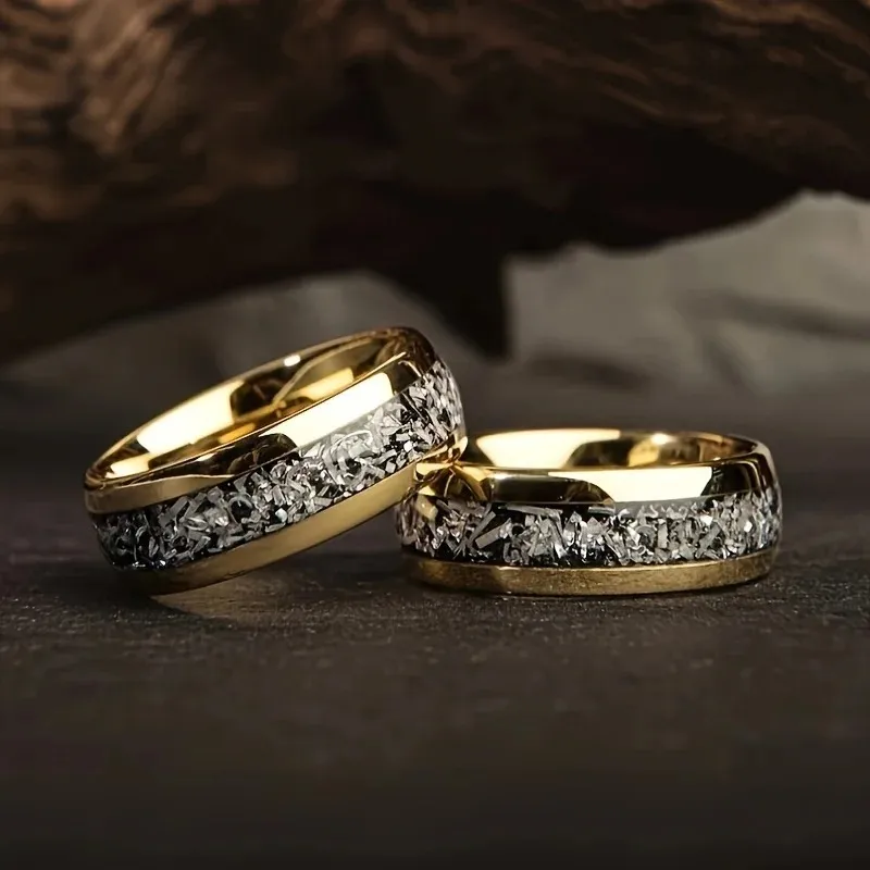 Gold Color Inlay Meteorite Abalone Shell Ring Fashion 8mm Men Stainless Steel Rings For Men Wedding Engagement Band Jewelry Gift