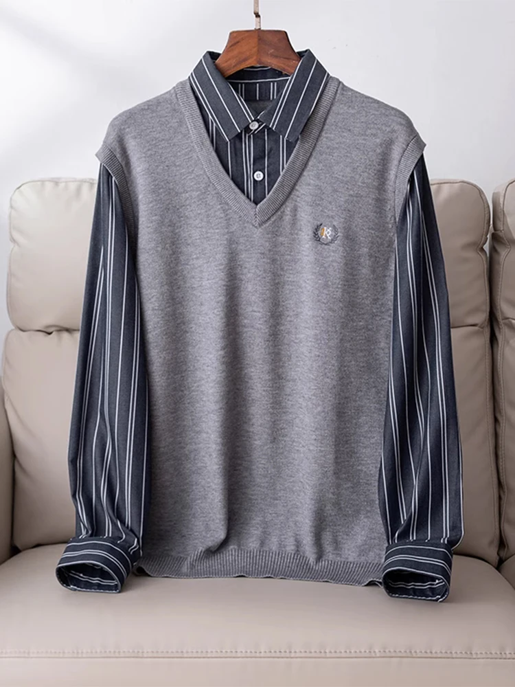 

Весенне-осенний модный вязаный свитер с длинным рукавом для мужчин, имитация двухслойности, из полиэстера, вискозы, акрила, нейлона, с воротником-стойкой