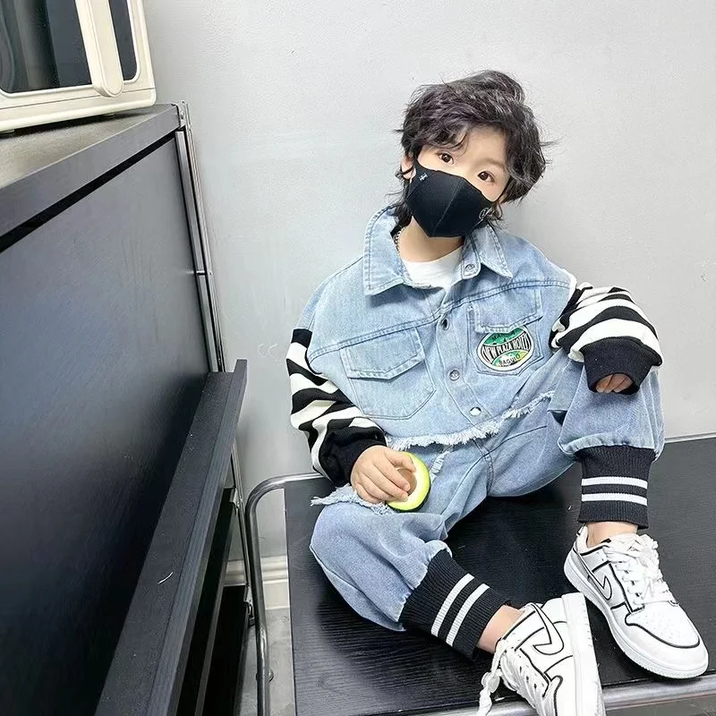 Boys Clothing Sets New Fashion Spring Autumn T-shirt + Denim Pants 2Pcs Patchwork Clothing For Children 5 6 8 Year