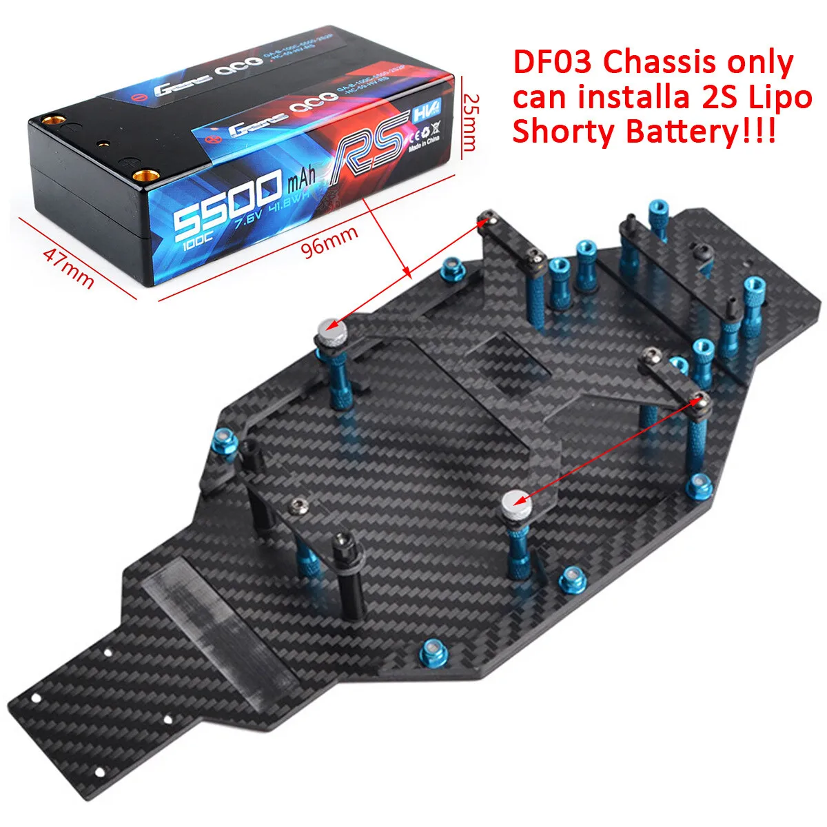 Custom Carbon Fiber Chassis Kit For Tamiya DF‑03 Dark Impact DF‑03 MS RC Car, Upgrade Frame For 2S Lipo Shorty Battery