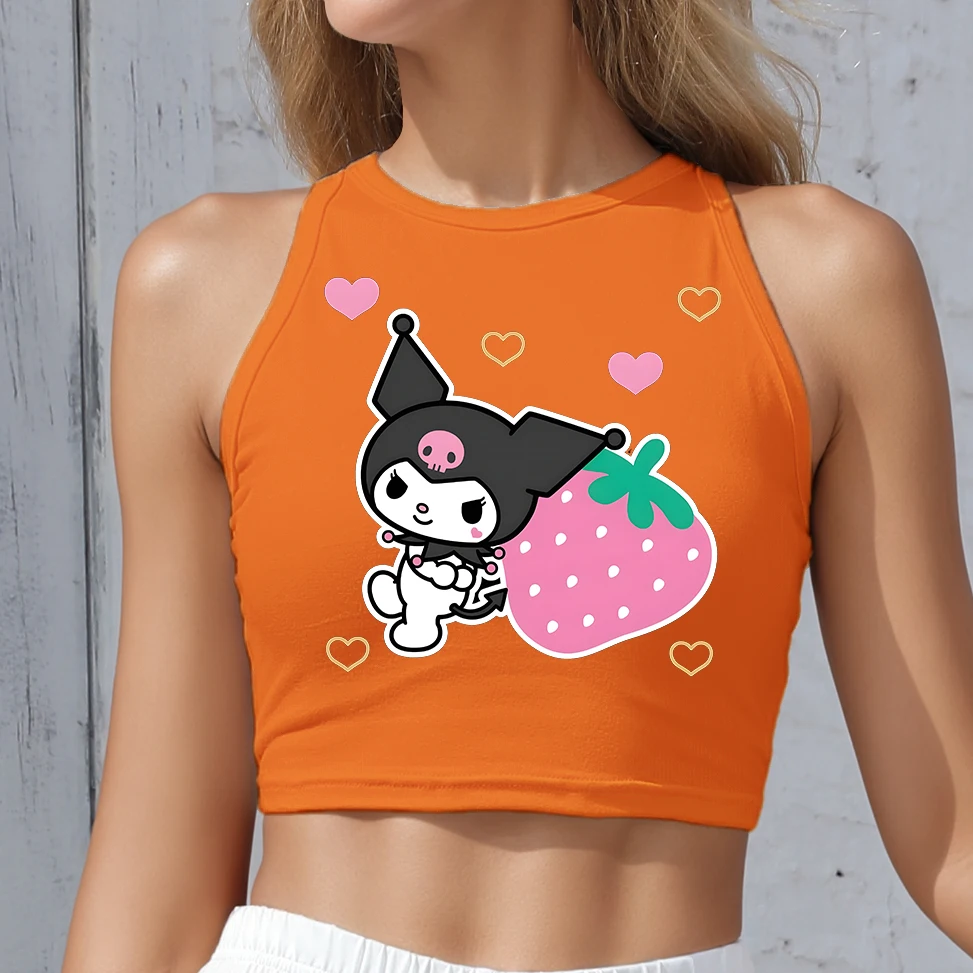 

KAWAII CLOTHES Round Neck Tank Top Cartoon Kuromi Print Tight Fit Women's Summer Vest Sizes S-XL Hot Y2K